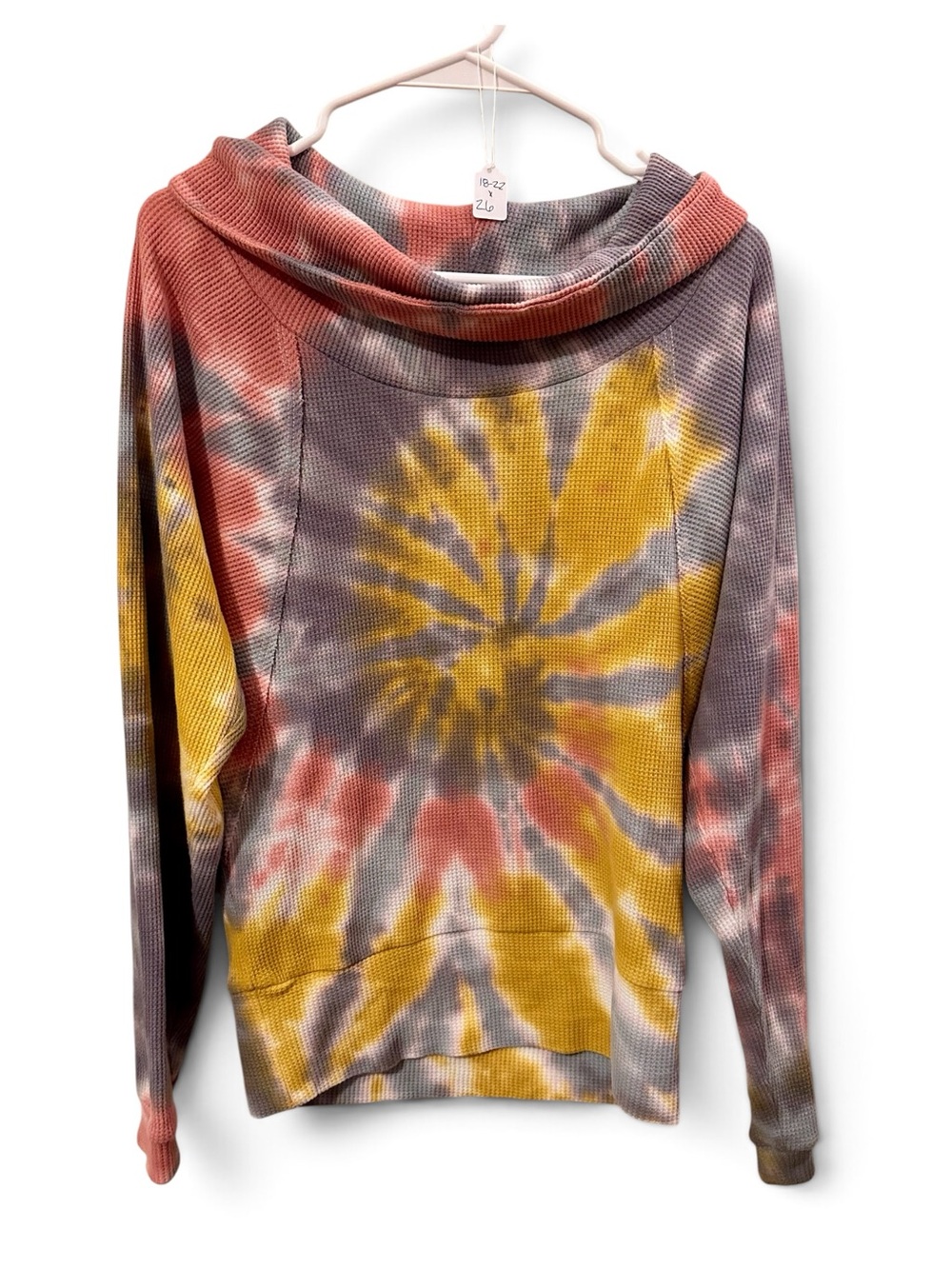 Pilcro Tie-Dye Funnel Neck Waffle Top in Yellow, Rust & Gray.